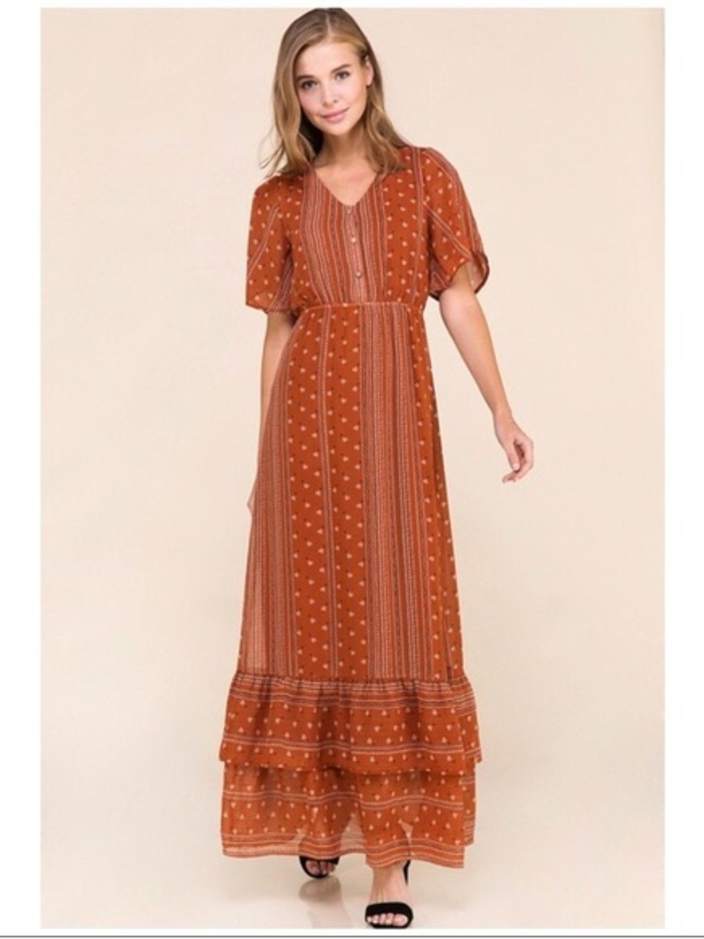 Anthropologie Polagram Boho Maxi Dress with Flutter Sleeves